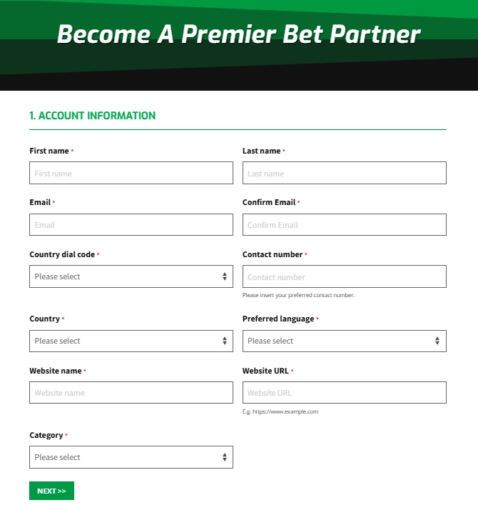 premierbet affiliate: sign-up form for newcomers.